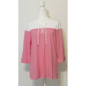 CHICOS Women Size 2 US L 3/4 Sleeve Knit Striped Top Pink/White Boho Everyday